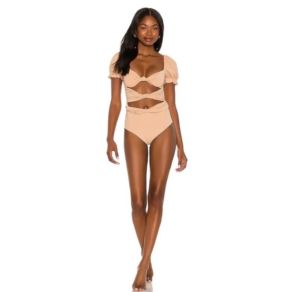 Agua Bendita Oria One Piece Swimsuit Dust Beige Cutout Bathing Suit Size Small